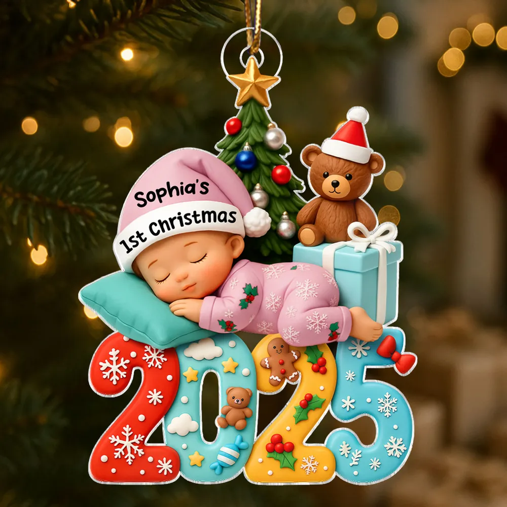 Acrylic Ornament Baby's First Christmas, sleeping baby and Christmas tree, festive keepsake, a unique gift for new parents - Image 5