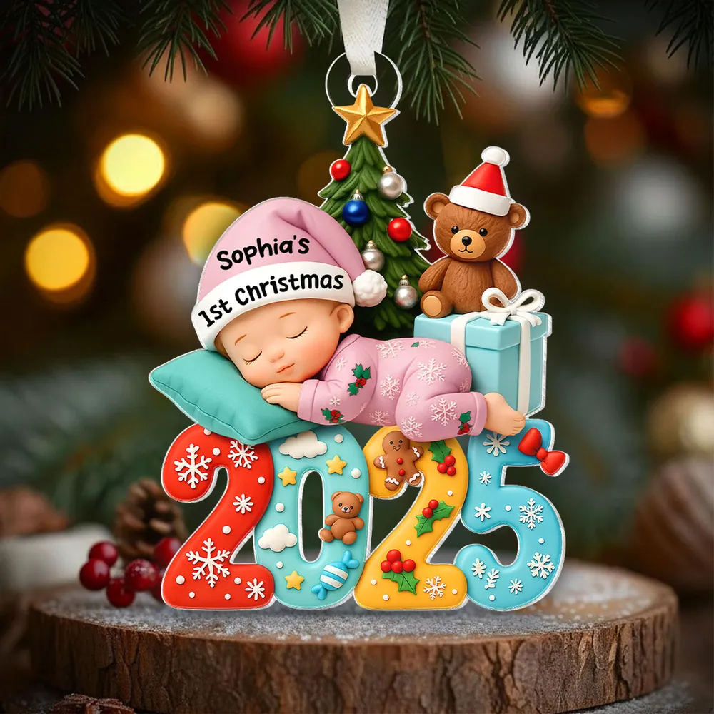 Acrylic Ornament Baby's First Christmas, sleeping baby and Christmas tree, festive keepsake, a unique gift for new parents - Image 9