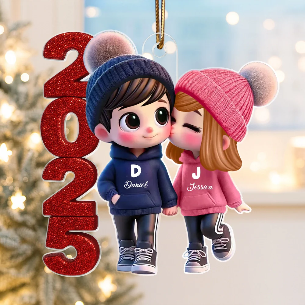 Acrylic Ornament - Cute Couple Kiss, winter hats, Christmas tree decor, romantic keepsake, unique gift for couples