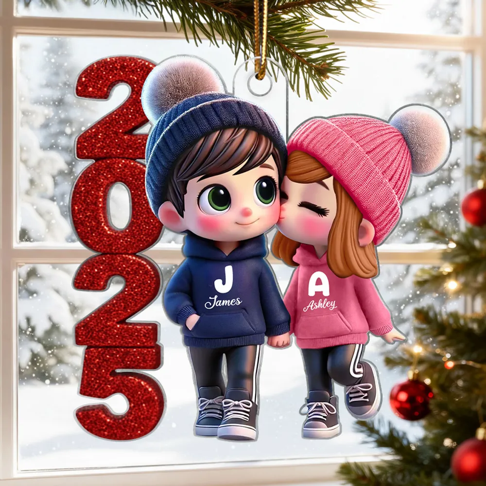 Acrylic Ornament - Cute Couple Kiss, winter hats, Christmas tree decor, romantic keepsake, unique gift for couples - Image 11