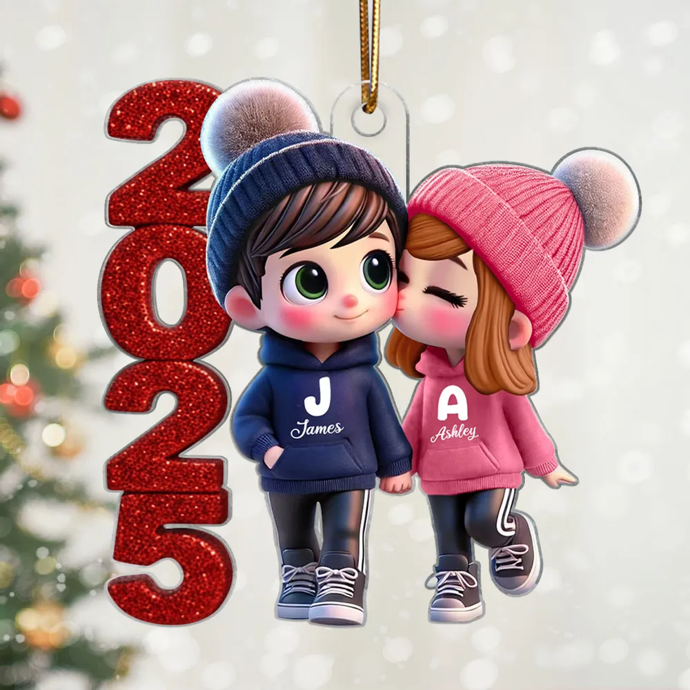 Acrylic Ornament - Cute Couple Kiss, winter hats, Christmas tree decor, romantic keepsake, unique gift for couples - Image 2