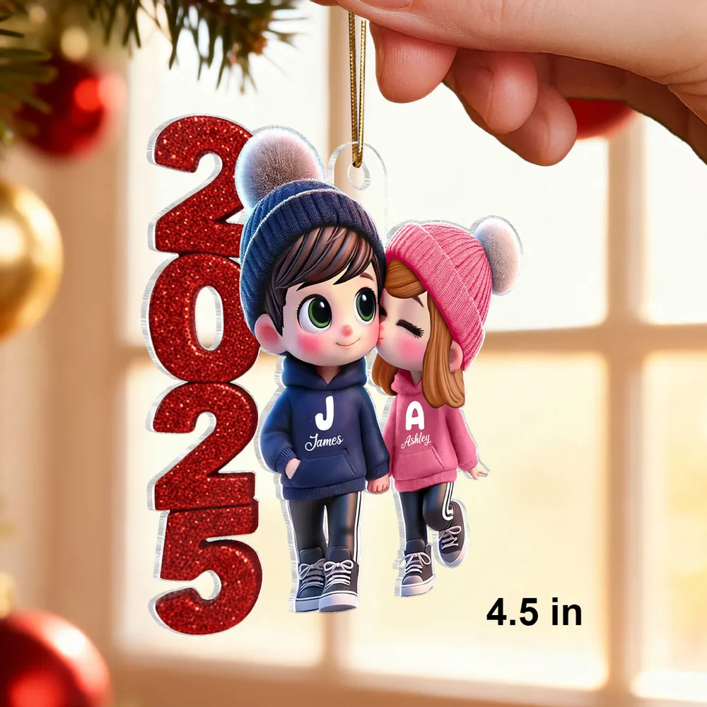 Acrylic Ornament - Cute Couple Kiss, winter hats, Christmas tree decor, romantic keepsake, unique gift for couples - Image 3