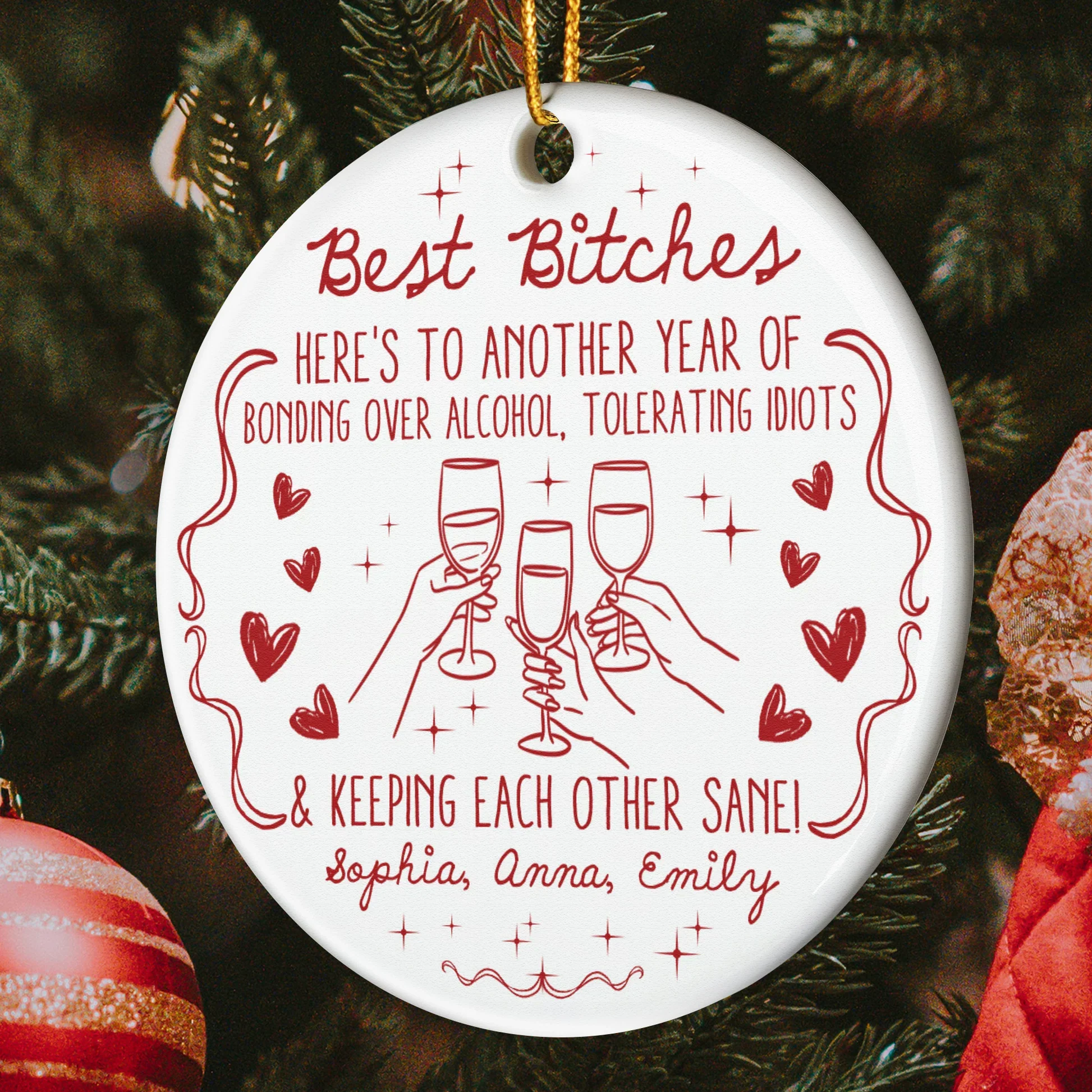 Ceramic Ornament Funny BFF Cheers Line Art in Red, Christmas Tree Decor, clinking glasses, unique gift for Best Friends - Image 2