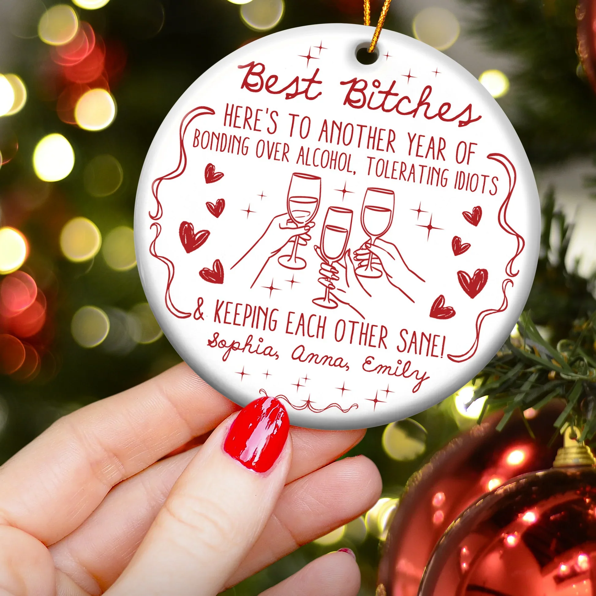 Ceramic Ornament Funny BFF Cheers Line Art in Red, Christmas Tree Decor, clinking glasses, unique gift for Best Friends - Image 3