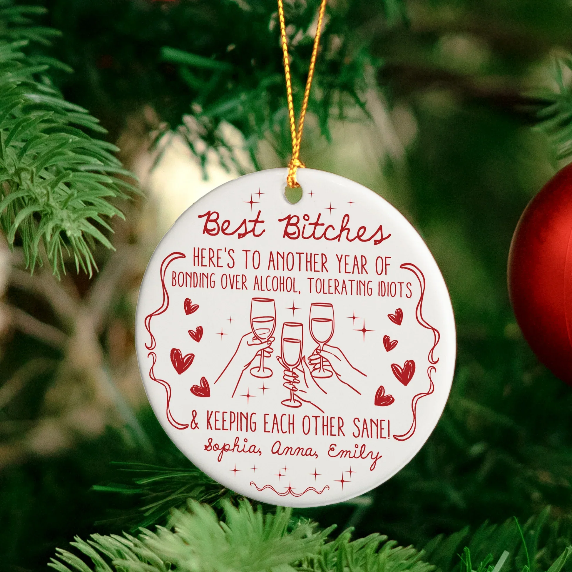 Ceramic Ornament Funny BFF Cheers Line Art in Red, Christmas Tree Decor, clinking glasses, unique gift for Best Friends - Image 4