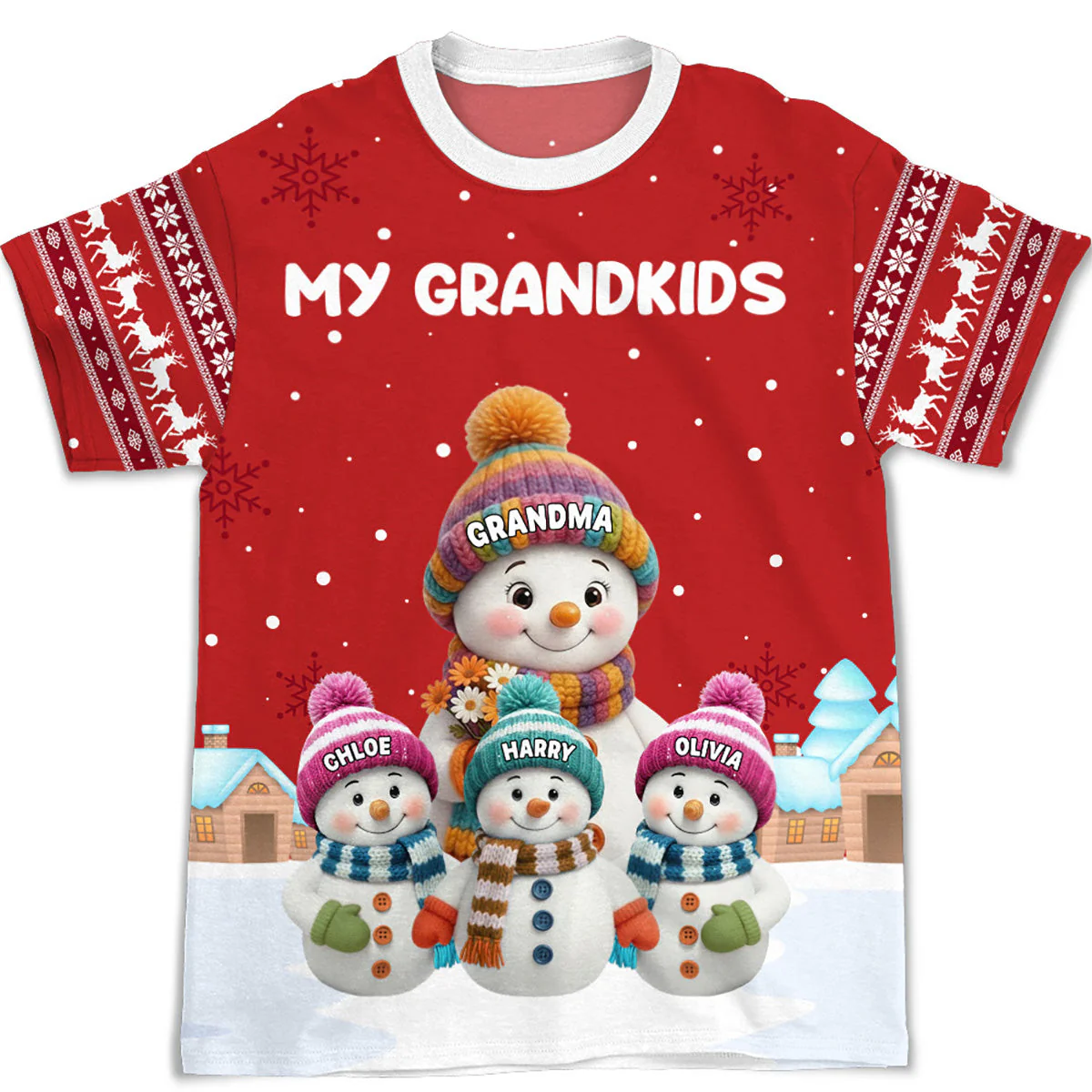 Personalized Printed Classic Tee for Grandma with Grandkids Snowman Scene, Cozy Christmas Gift She Will Love