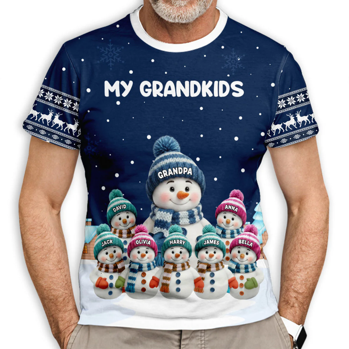 Personalized Printed Classic Tee for Grandma with Grandkids Snowman Scene, Cozy Christmas Gift She Will Love - Image 3