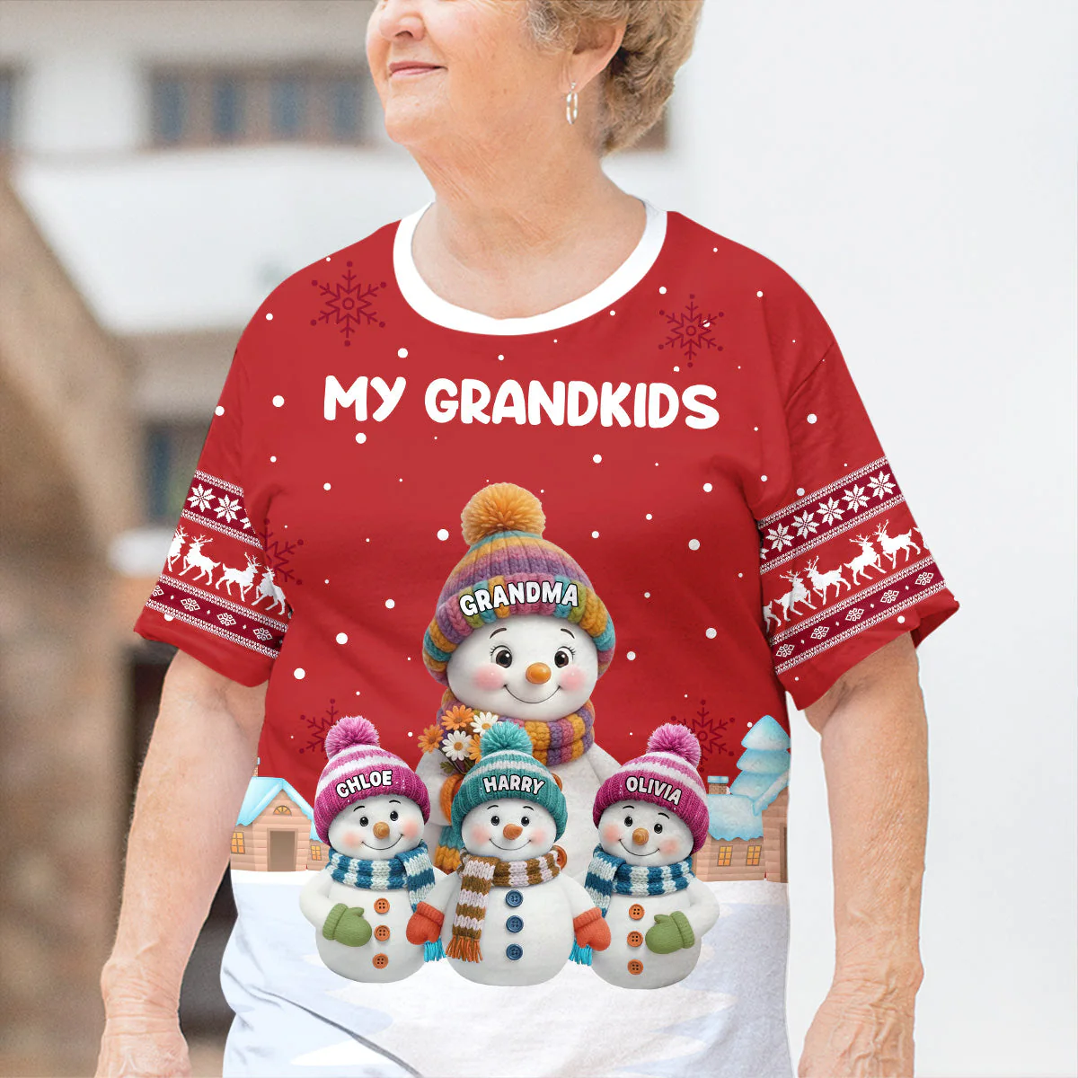 Personalized Printed Classic Tee for Grandma with Grandkids Snowman Scene, Cozy Christmas Gift She Will Love - Image 4