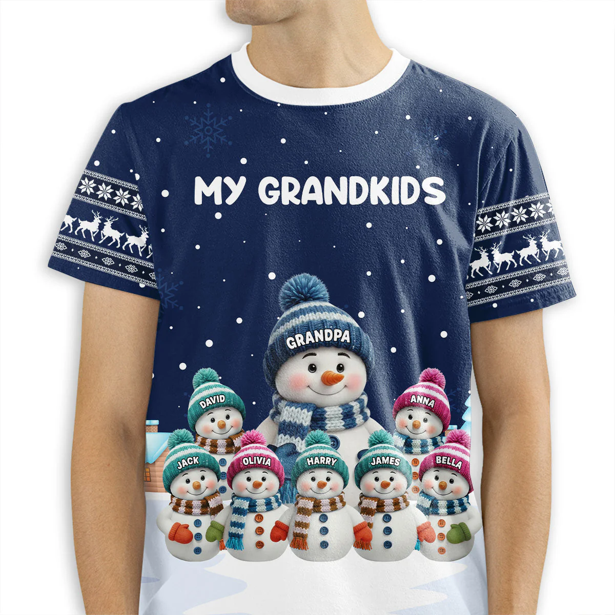 Personalized Printed Classic Tee for Grandma with Grandkids Snowman Scene, Cozy Christmas Gift She Will Love - Image 6