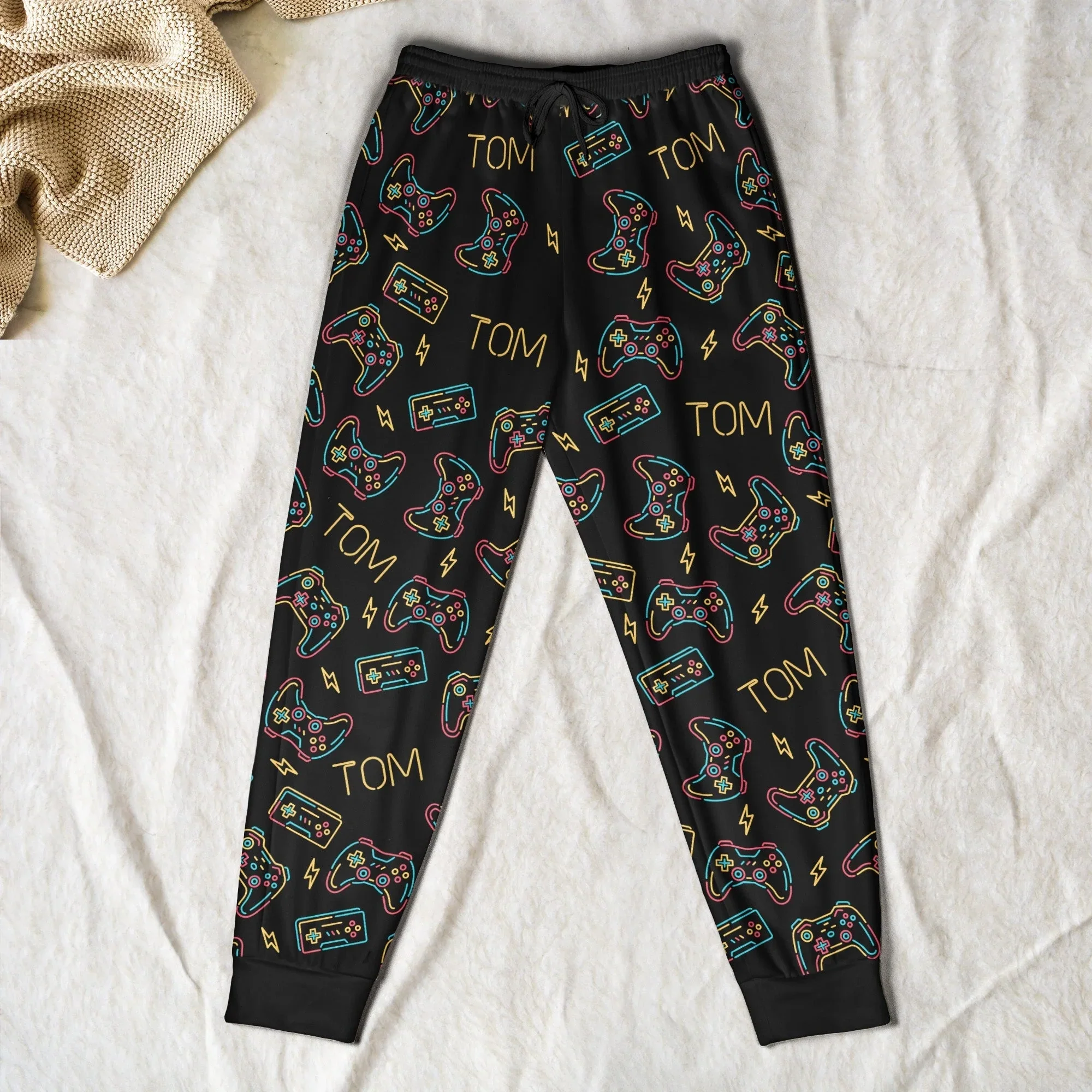Personalized Gamer Sweatpants with Custom Name – Neon Game Controller Pattern - Image 3