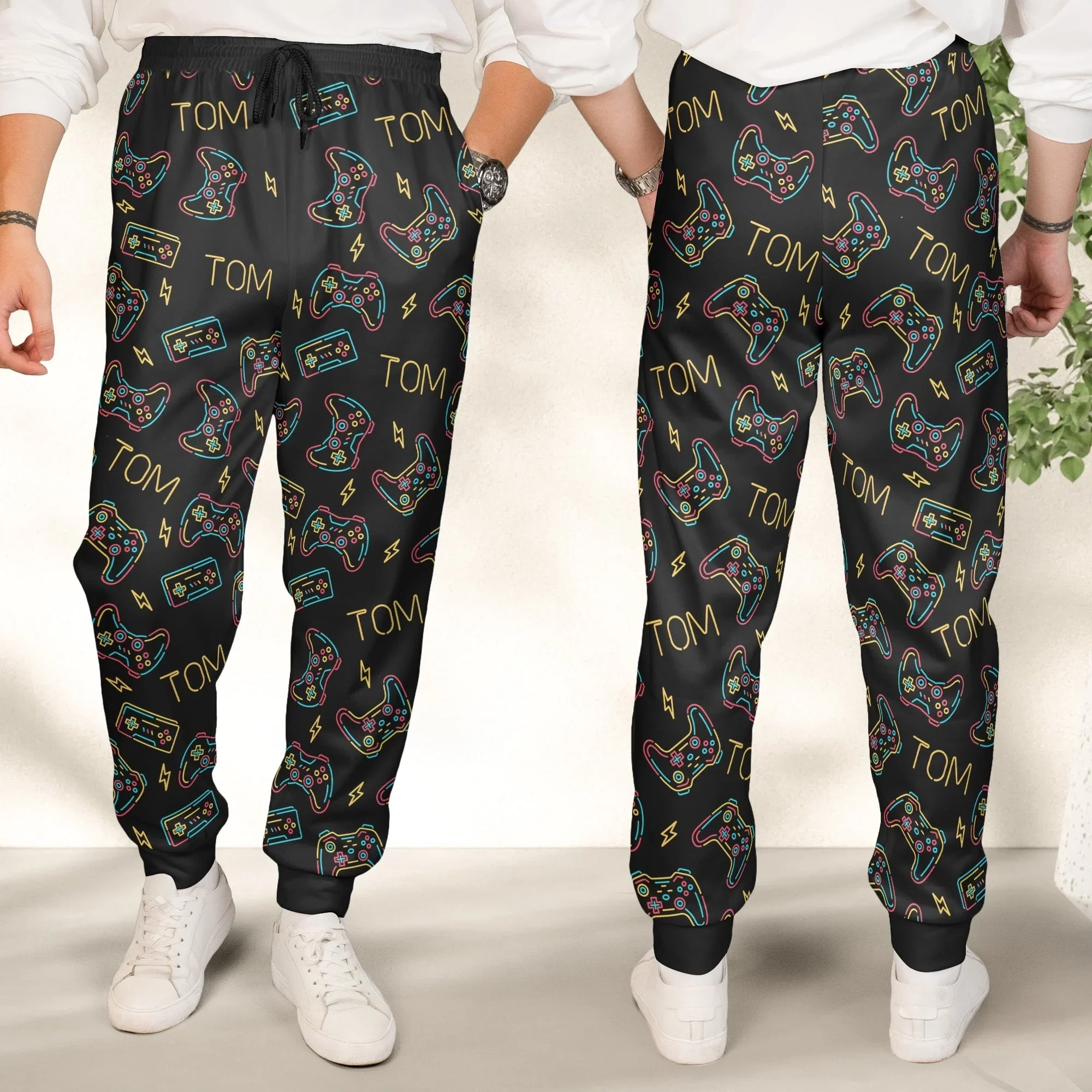 Personalized Gamer Sweatpants with Custom Name – Neon Game Controller Pattern - Image 4