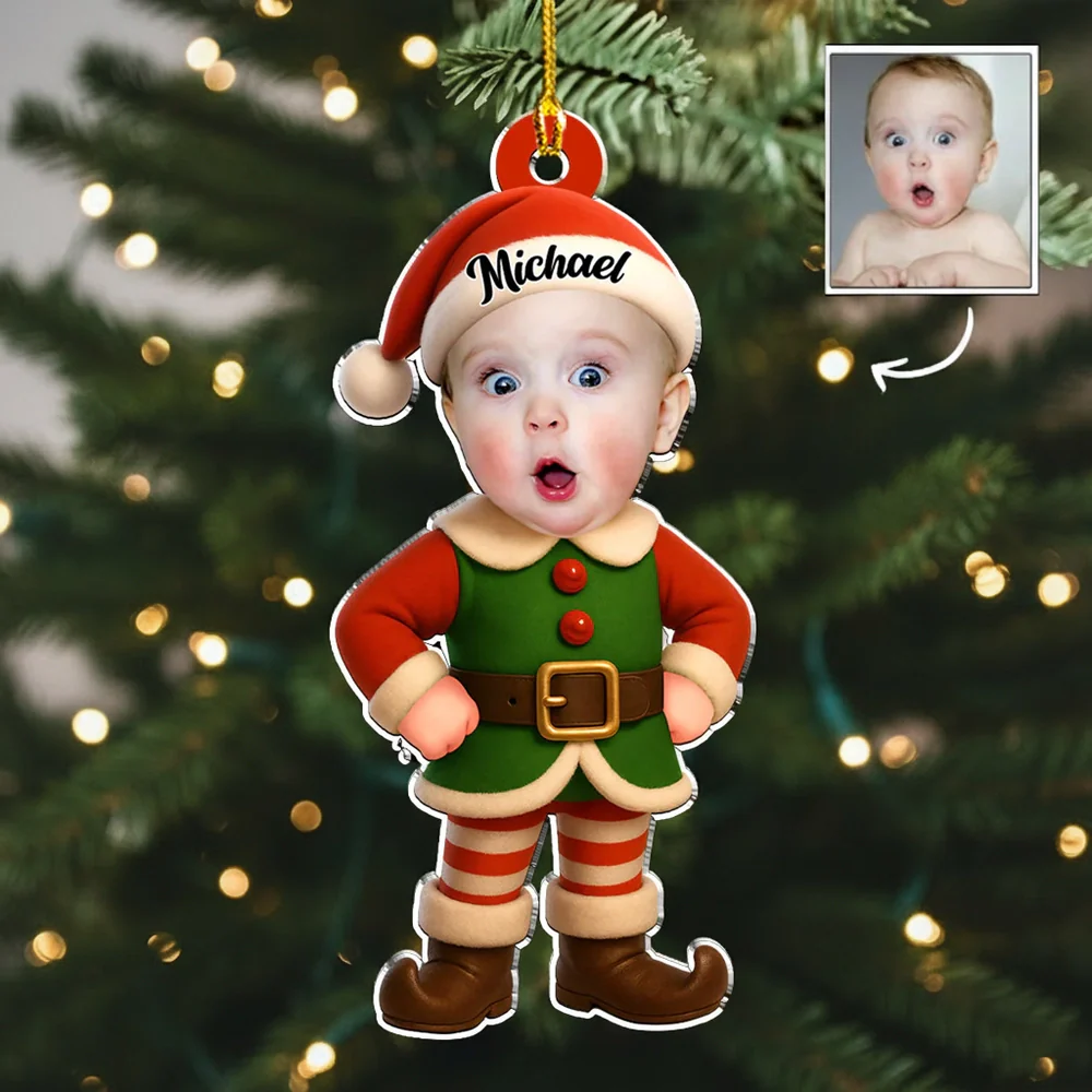 Acrylic Ornament - Personalized Little Elf with Surprised Face, Christmas Tree Decor, unique gift for Mom, Dad & Grandparents