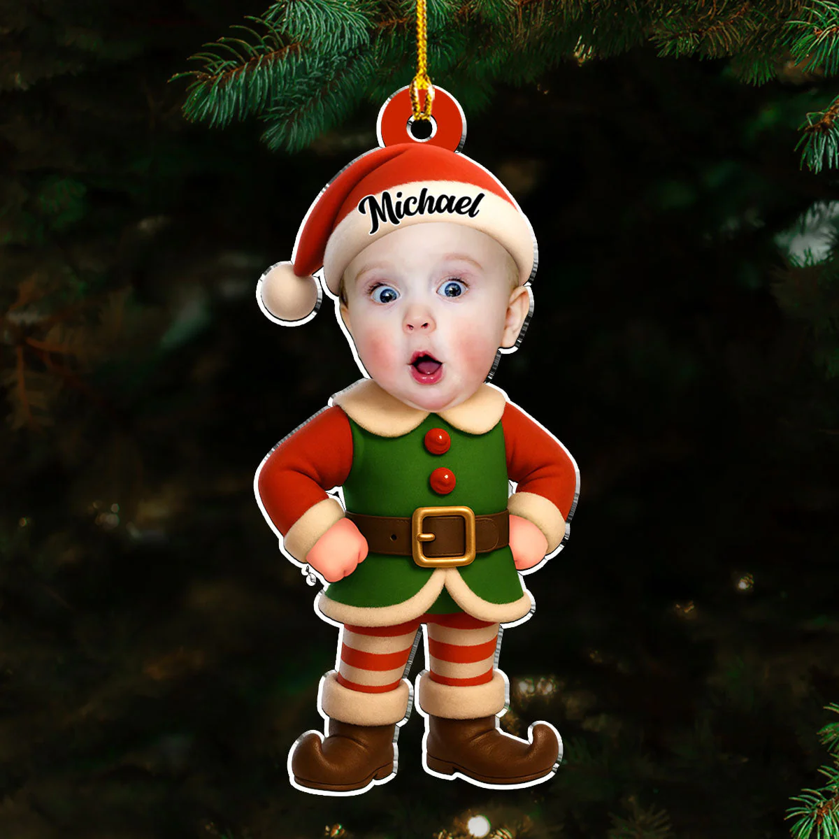 Acrylic Ornament - Personalized Little Elf with Surprised Face, Christmas Tree Decor, unique gift for Mom, Dad & Grandparents - Image 3