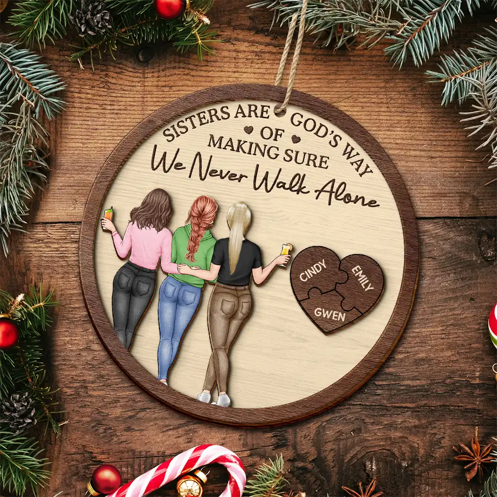 2-Layer Wooden Ornament with Hugging Friends & Puzzle Heart, We Never Walk Alone - Unique Christmas Gift for Best Friend - Image 4