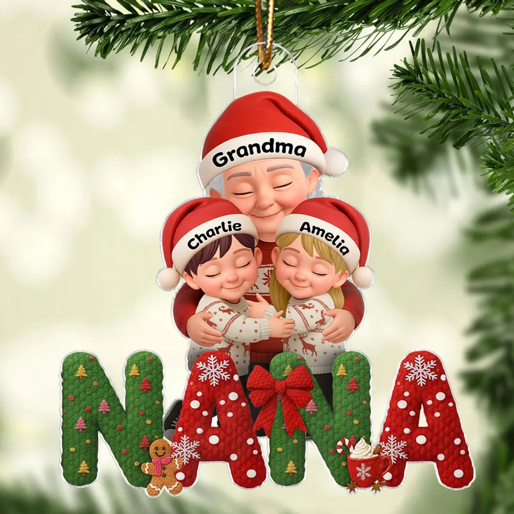 Grandma & Grandkids Acrylic Ornament, Santa Hats Hugging Design, Christmas Tree Decor, a unique gift for Grandma - Image 2