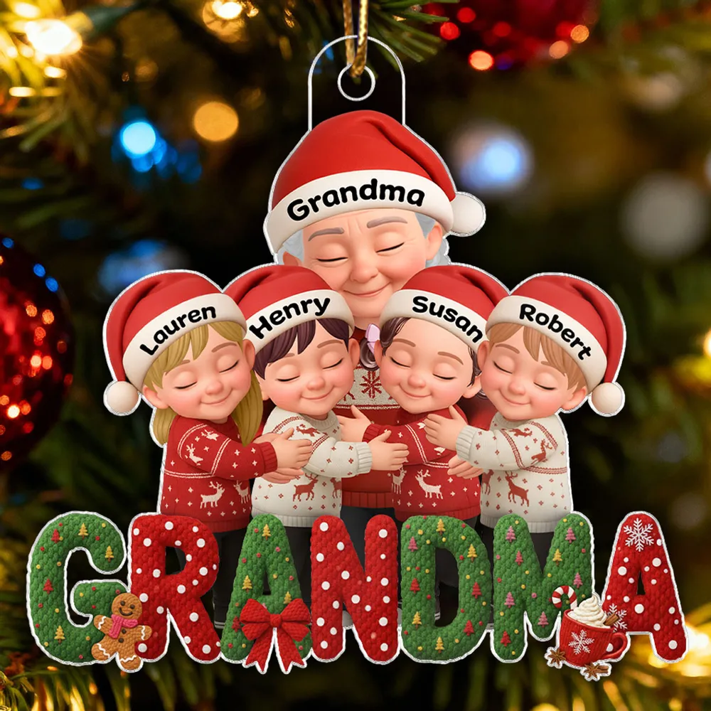 Grandma & Grandkids Acrylic Ornament, Santa Hats Hugging Design, Christmas Tree Decor, a unique gift for Grandma - Image 3