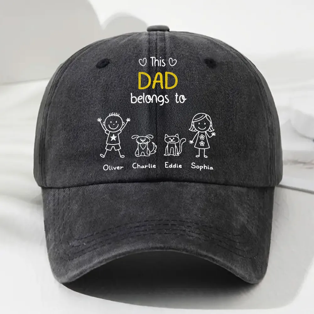 Baseball Cap, Washed Denim Personalized 'This Dad Belongs To' Design, Adjustable & Breathable - Unique Gift for Dad