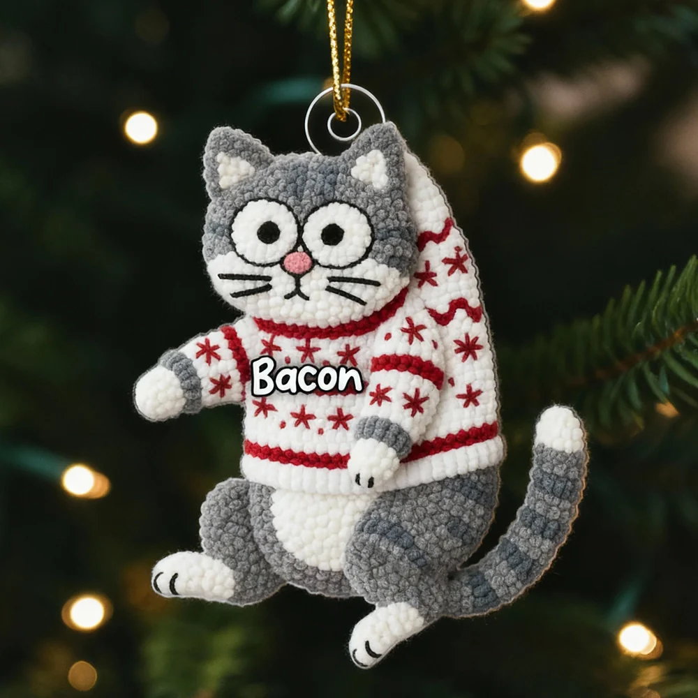 Personalized Cat Acrylic Christmas Ornament with Cozy Latch-Hook Look Sweater – Cute Holiday Gift for Cat Lovers