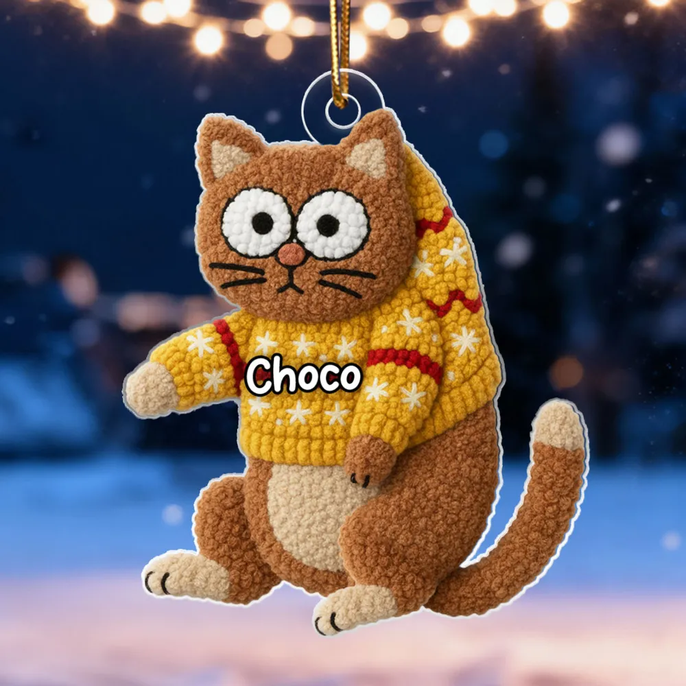 Personalized Cat Acrylic Christmas Ornament with Cozy Latch-Hook Look Sweater – Cute Holiday Gift for Cat Lovers - Image 2