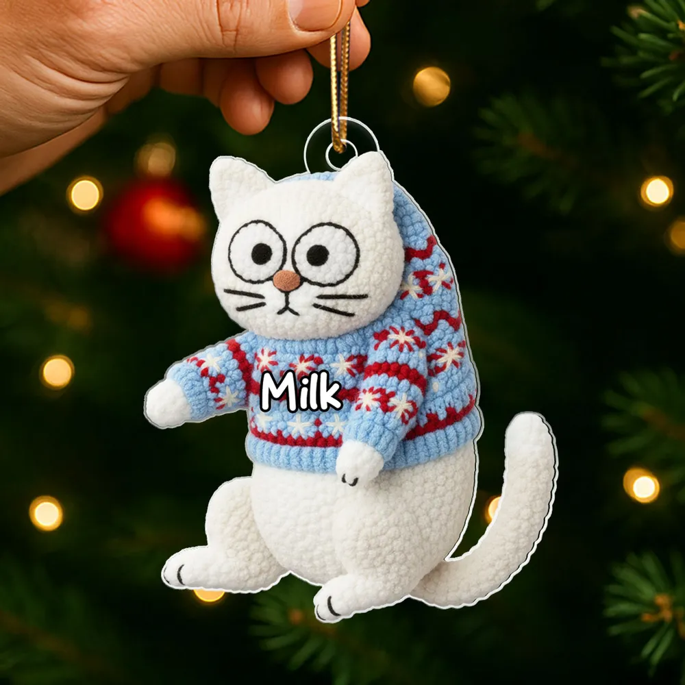 Personalized Cat Acrylic Christmas Ornament with Cozy Latch-Hook Look Sweater – Cute Holiday Gift for Cat Lovers - Image 5