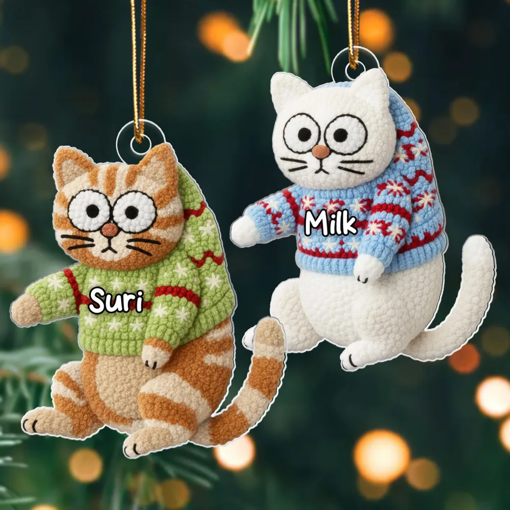 Personalized Cat Acrylic Christmas Ornament with Cozy Latch-Hook Look Sweater – Cute Holiday Gift for Cat Lovers - Image 6