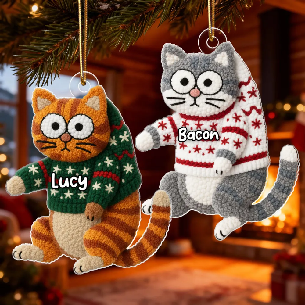 Personalized Cat Acrylic Christmas Ornament with Cozy Latch-Hook Look Sweater – Cute Holiday Gift for Cat Lovers - Image 7