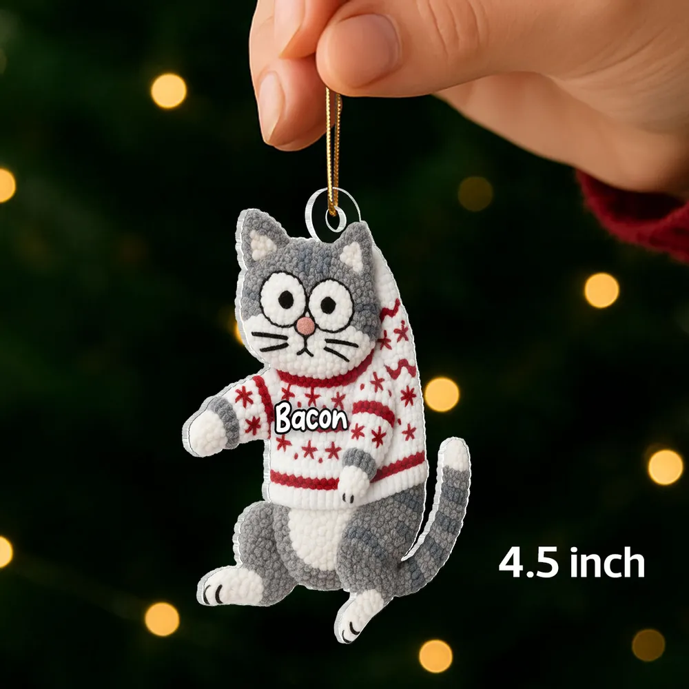 Personalized Cat Acrylic Christmas Ornament with Cozy Latch-Hook Look Sweater – Cute Holiday Gift for Cat Lovers - Image 8