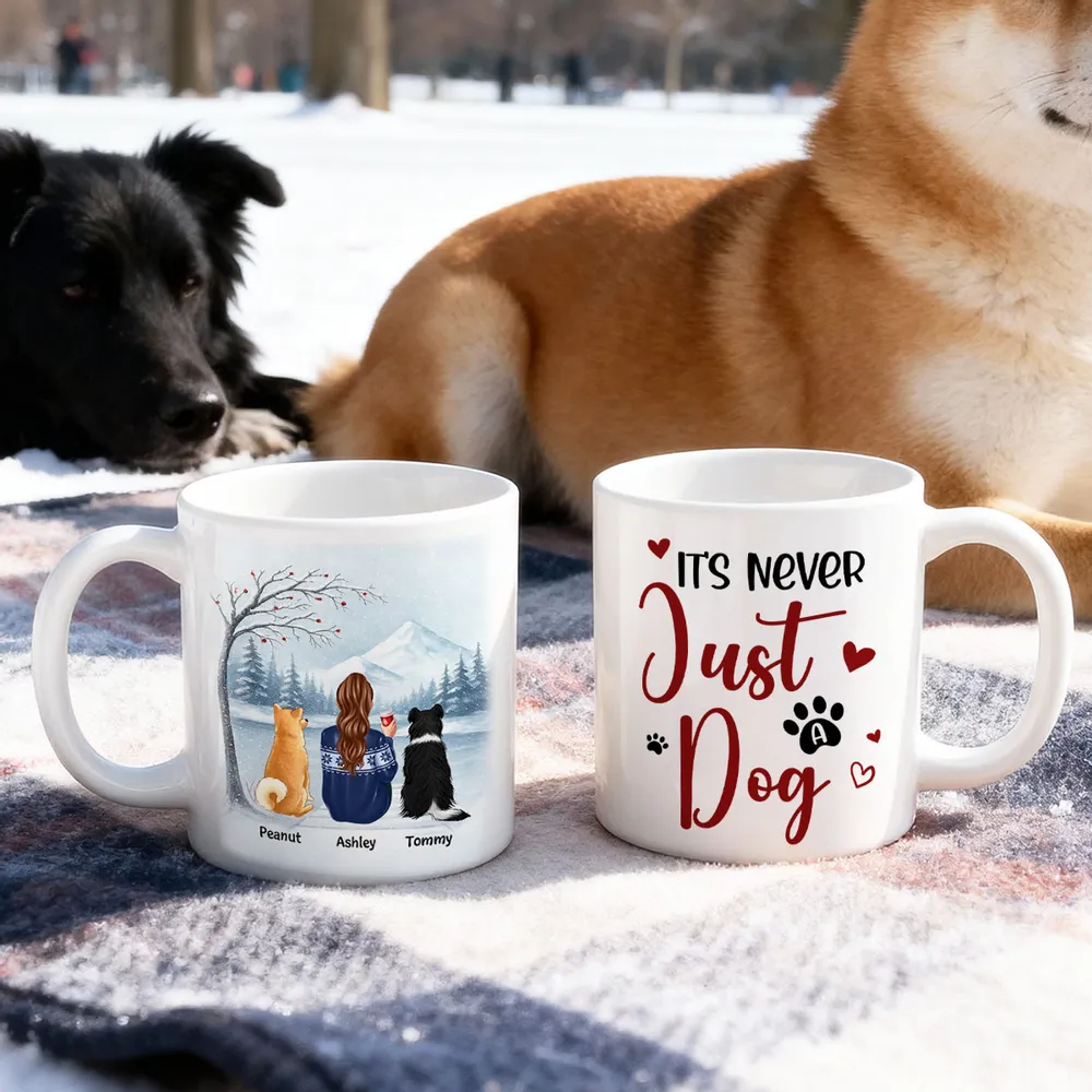 Personalized White Ceramic Mug for Dog Moms with Angel Pup Illustration, Winter Scene, Meaningful Pet Memorial Gift - Image 2