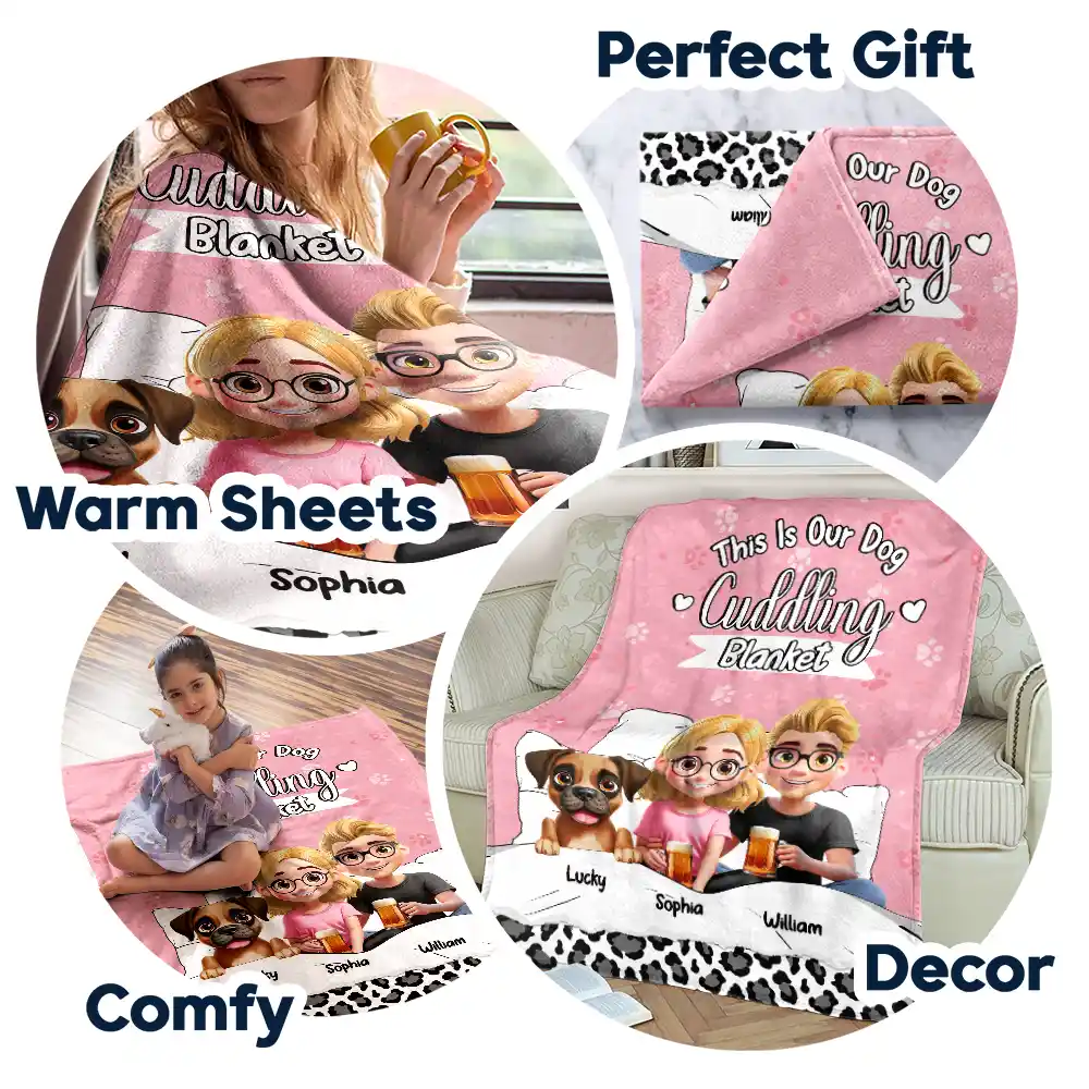 Our Dog Cuddling Fleece Blanket – Personalized Family & Dogs Bedtime Scene, Warm Lightweight Throw, Creative Gift for Pet Parents - Image 5