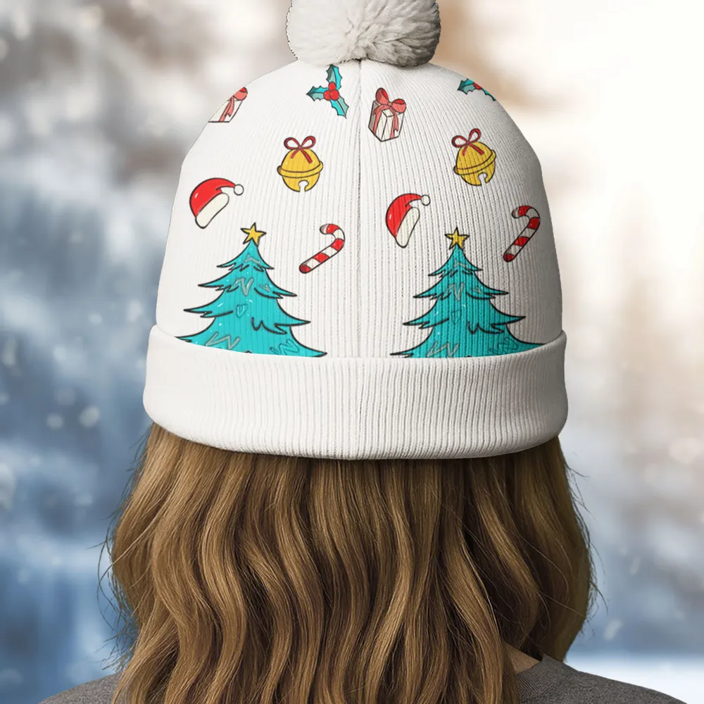 Personalized Bobble Beanie Hat with Girl & Dog Cartoon, Christmas Trees & Icons, Unique Holiday Gift for Pet Lovers - Image 2