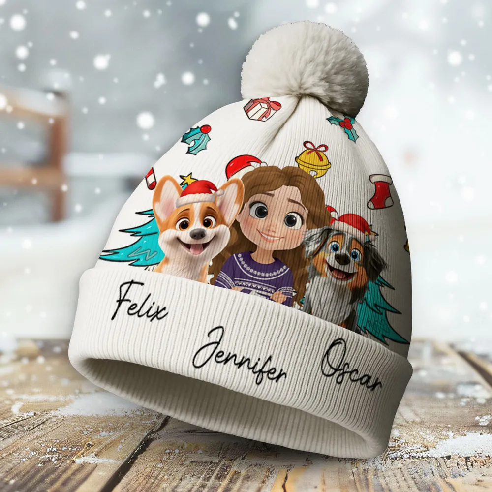Personalized Bobble Beanie Hat with Girl & Dog Cartoon, Christmas Trees & Icons, Unique Holiday Gift for Pet Lovers - Image 5
