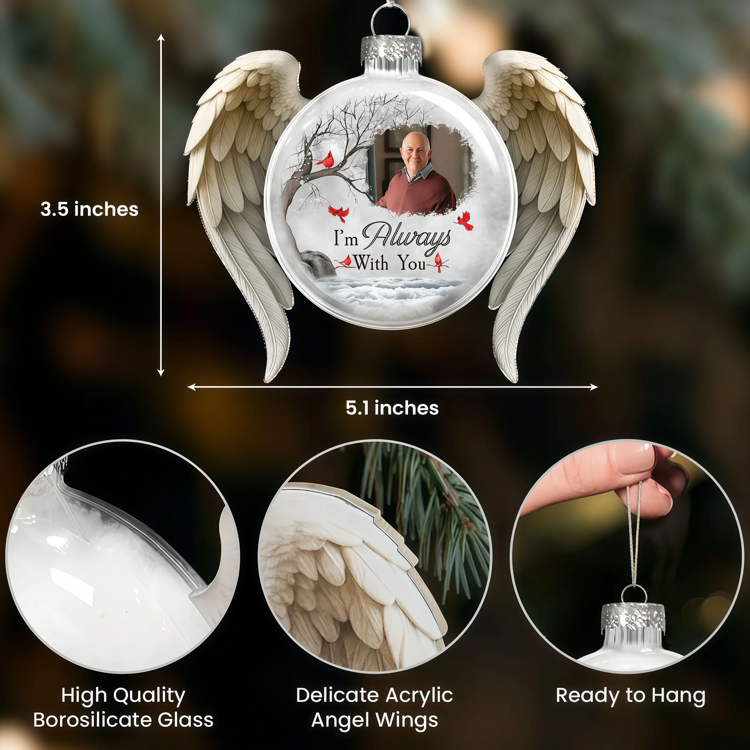 Custom Acrylic Flat Ball Ornament with Photo & Cardinals – I Am Always With You Memorial Christmas Gift for Remembering a Loved One - Image 4