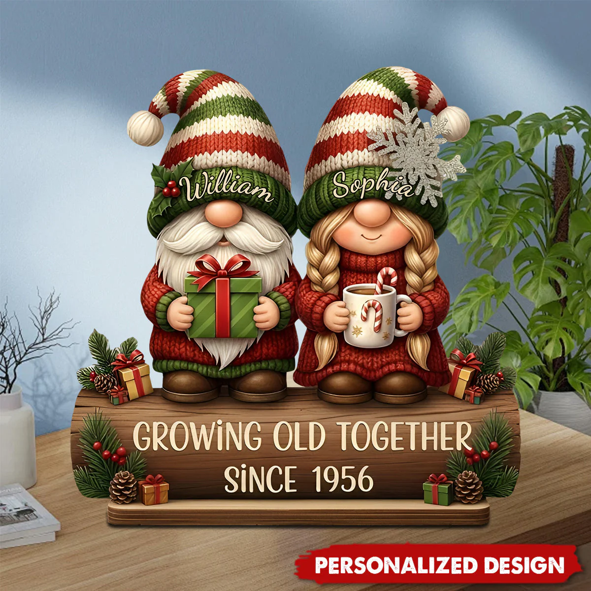 Custom Growing Old Together Wooden Plaque with Cute Christmas Gnome Couple Sentimental Display Piece Thoughtful Gift for Partner - Image 2