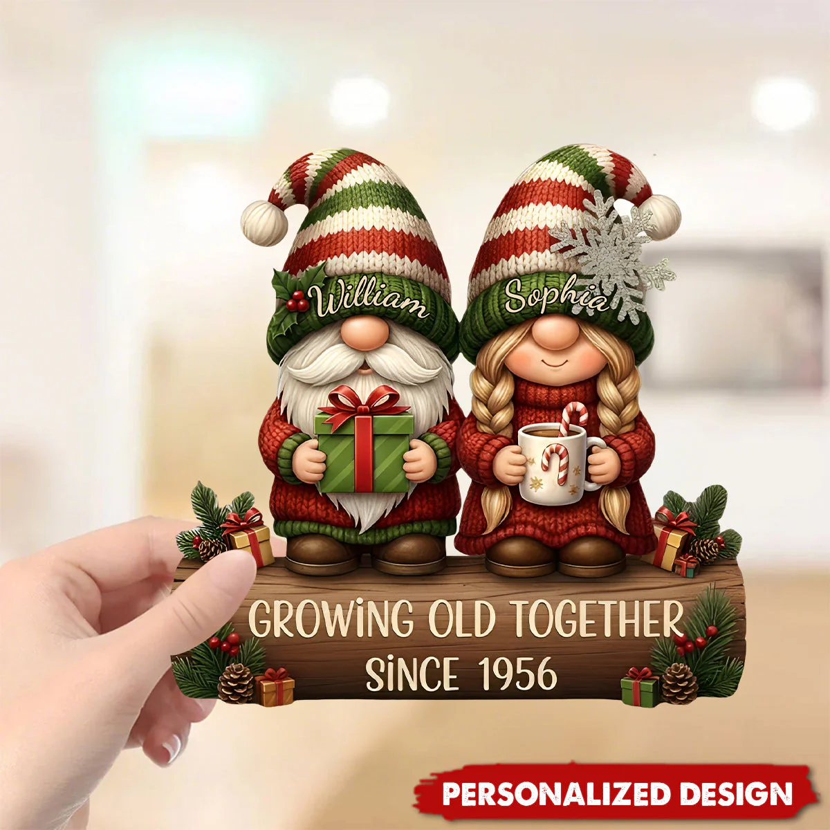Custom Growing Old Together Wooden Plaque with Cute Christmas Gnome Couple Sentimental Display Piece Thoughtful Gift for Partner - Image 3