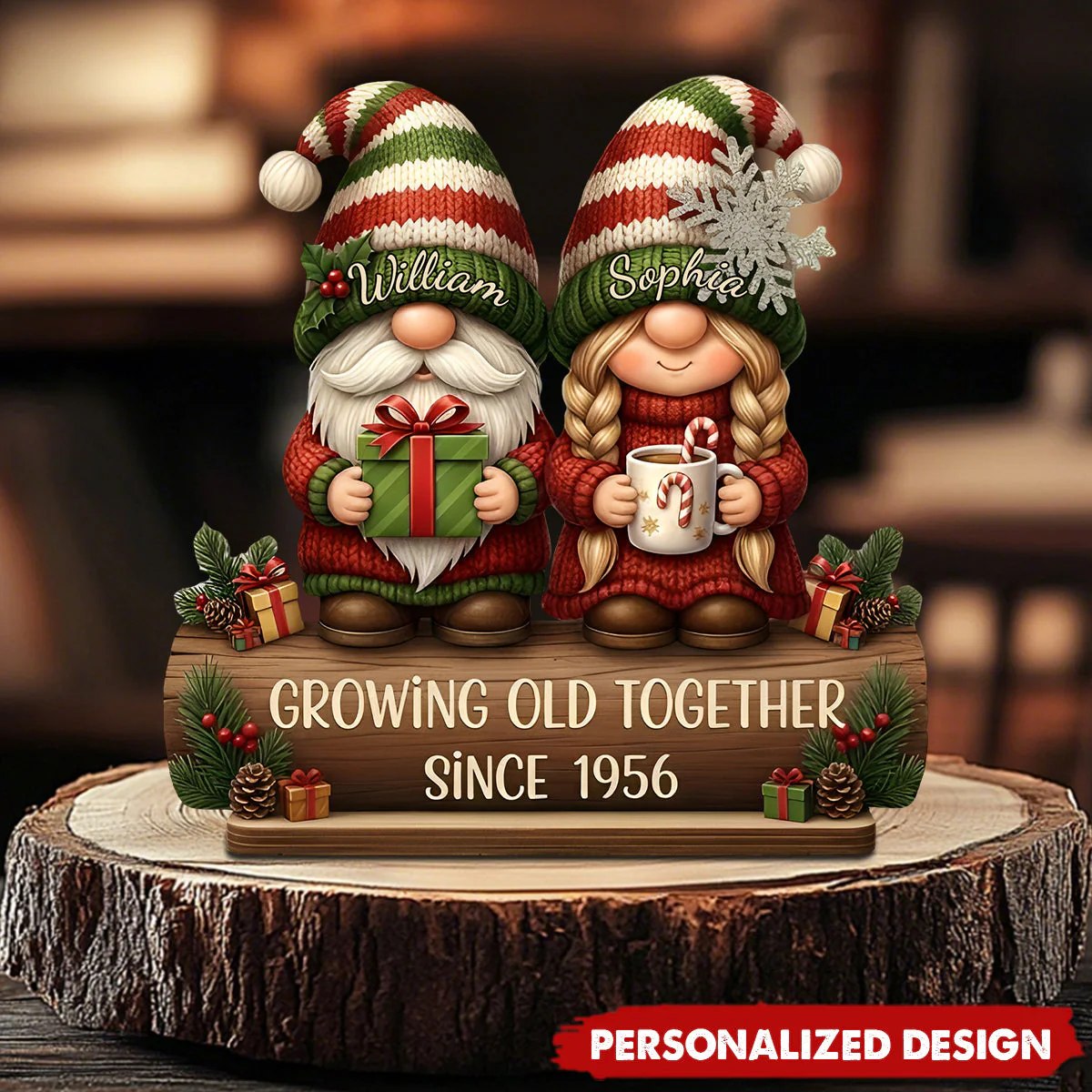 Custom Growing Old Together Wooden Plaque with Cute Christmas Gnome Couple Sentimental Display Piece Thoughtful Gift for Partner - Image 5