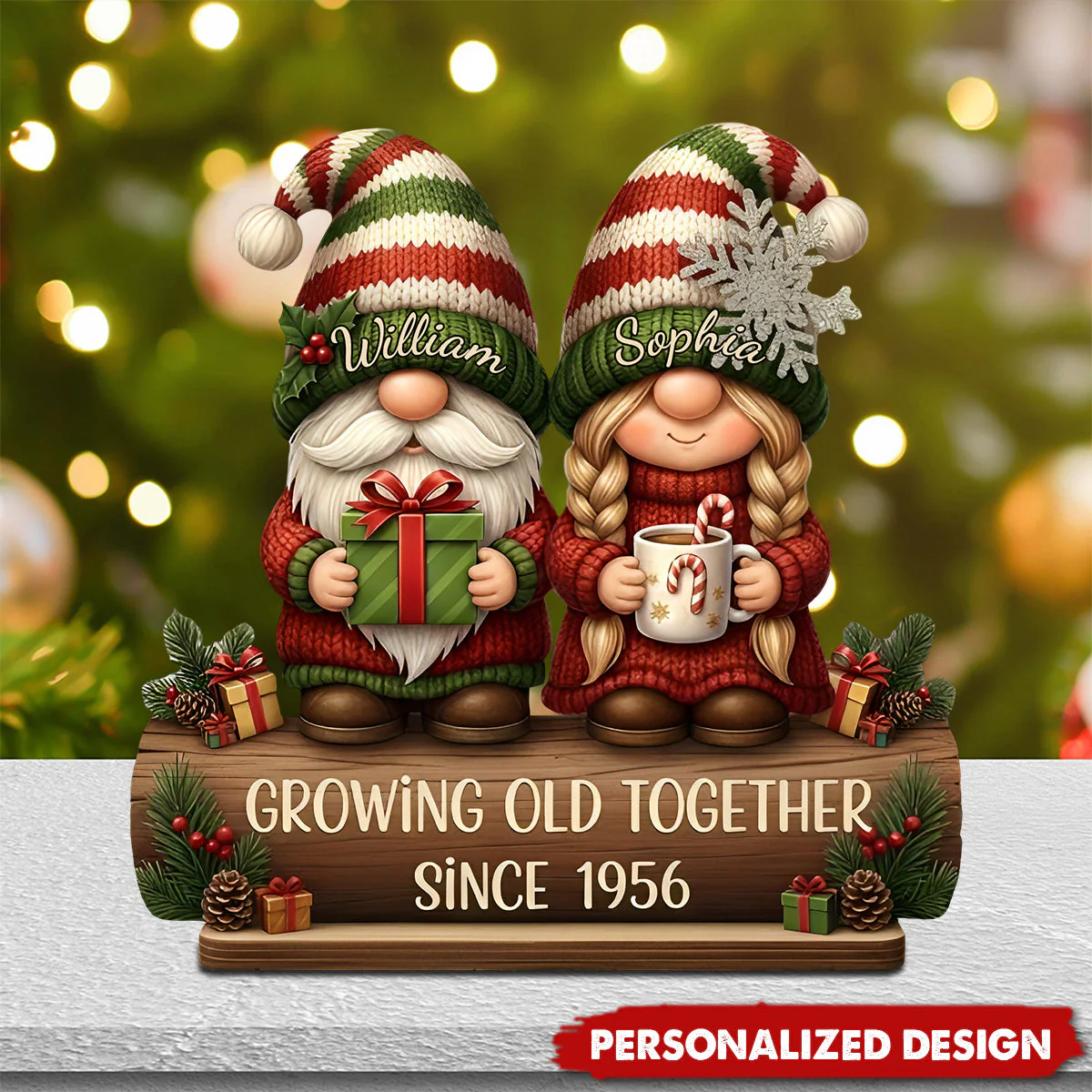 Custom Growing Old Together Wooden Plaque with Cute Christmas Gnome Couple Sentimental Display Piece Thoughtful Gift for Partner - Image 6