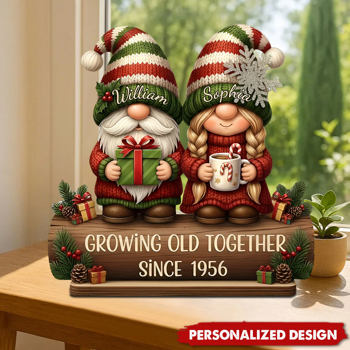 Custom Growing Old Together Wooden Plaque with Cute Christmas Gnome Couple Sentimental Display Piece Thoughtful Gift for Partner - Image 7
