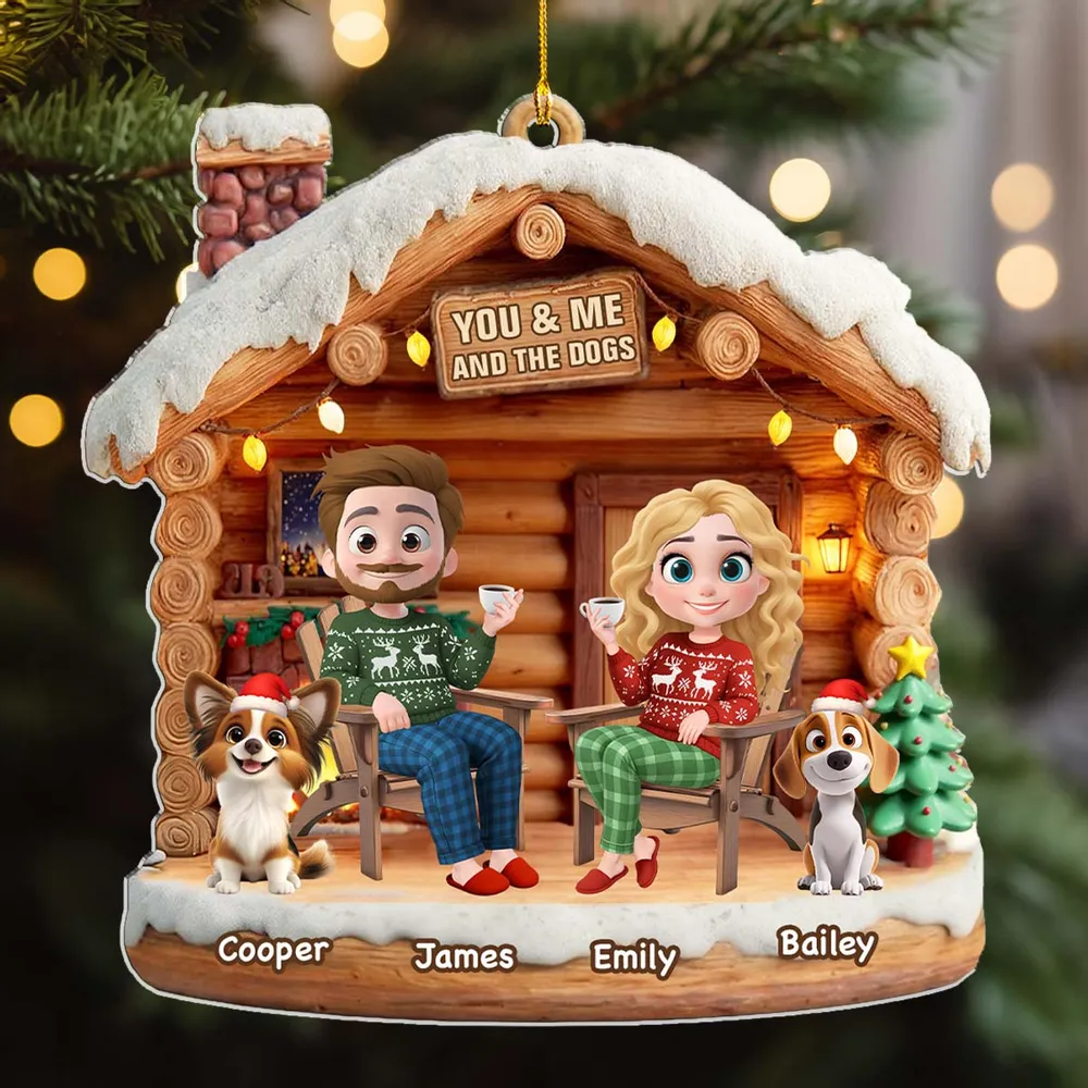 Custom You & Me and the Dog Acrylic Ornament for Couples, Cute Holiday Cabin Design, Heartwarming Christmas Tree Gift - Image 2