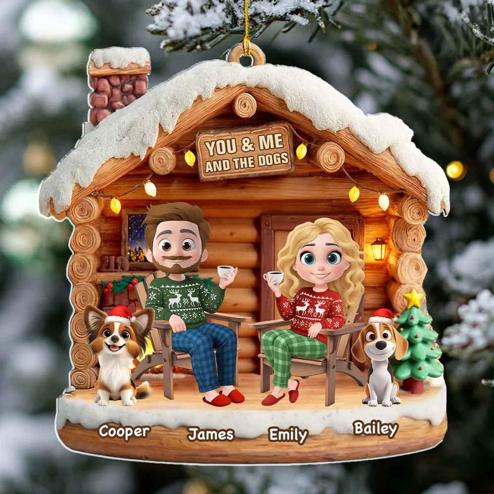 Custom You & Me and the Dog Acrylic Ornament for Couples, Cute Holiday Cabin Design, Heartwarming Christmas Tree Gift - Image 3