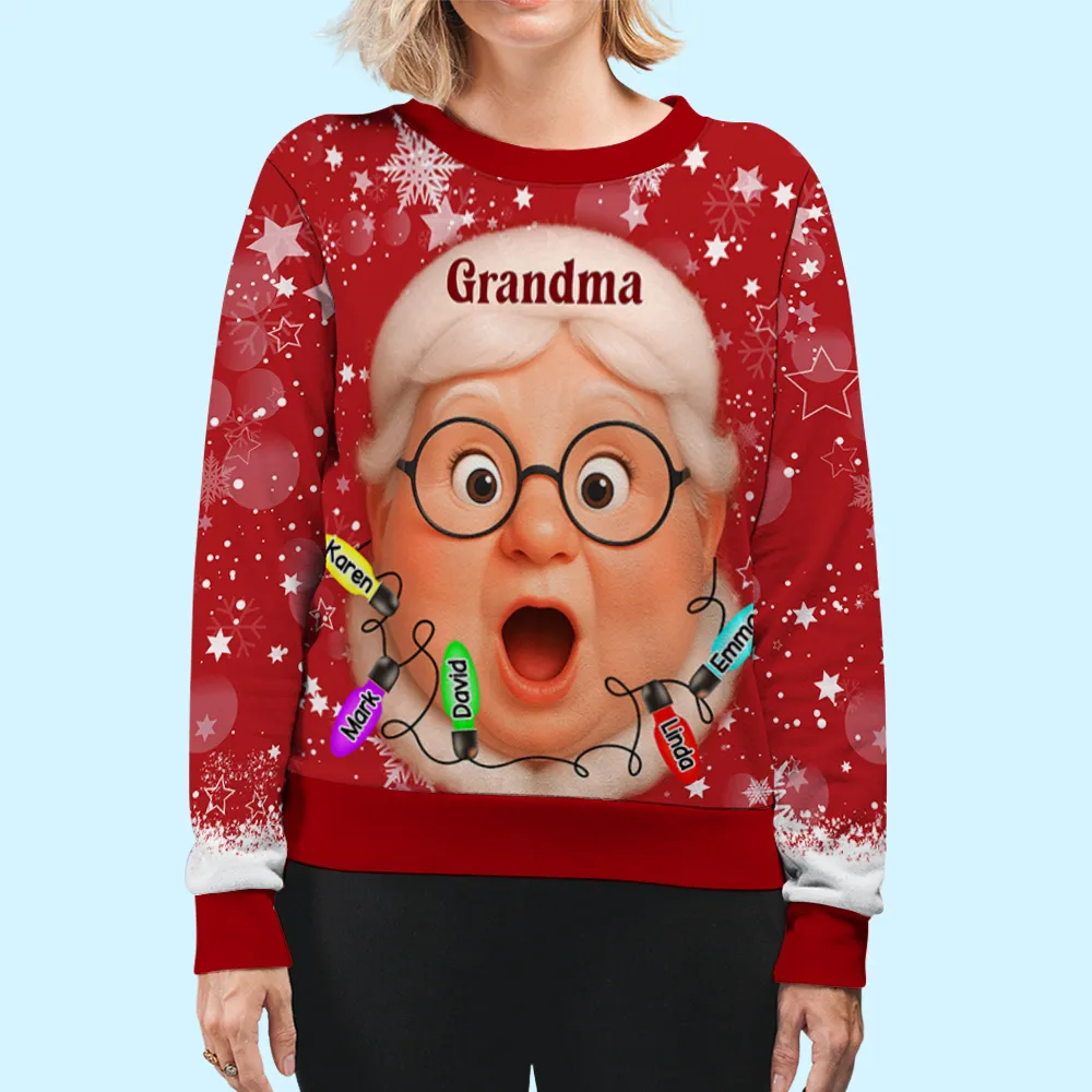 Custom Grandma Printed Sweatshirt with Cartoon Face & Holiday Lights, Festive Family Christmas Gift Idea - Image 2