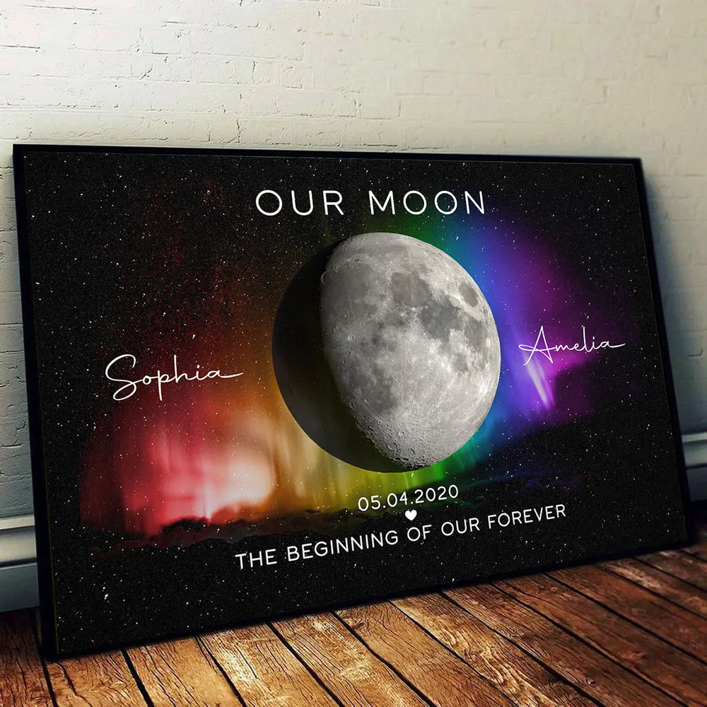 Personalized Moon Phase Poster for Couples, Rainbow Night Sky Wall Art, Unique Anniversary Gift & Pride Keepsake - Image 3