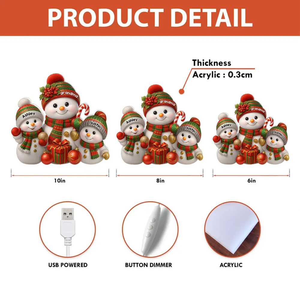 Personalized Acrylic Light Box with Grandma Snowman & Grandkids, Soft Warm Glow Christmas Décor, Unique Gift for Grandma - Image 4