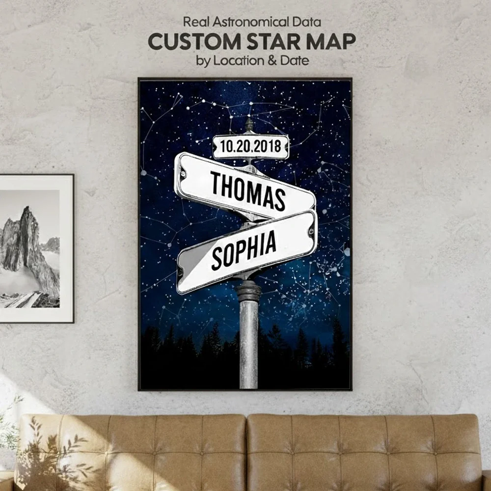 Personalized Star Map Poster with Street Sign Names, Custom Night Sky Wall Art, Unique Gift for Couples and Anniversaries