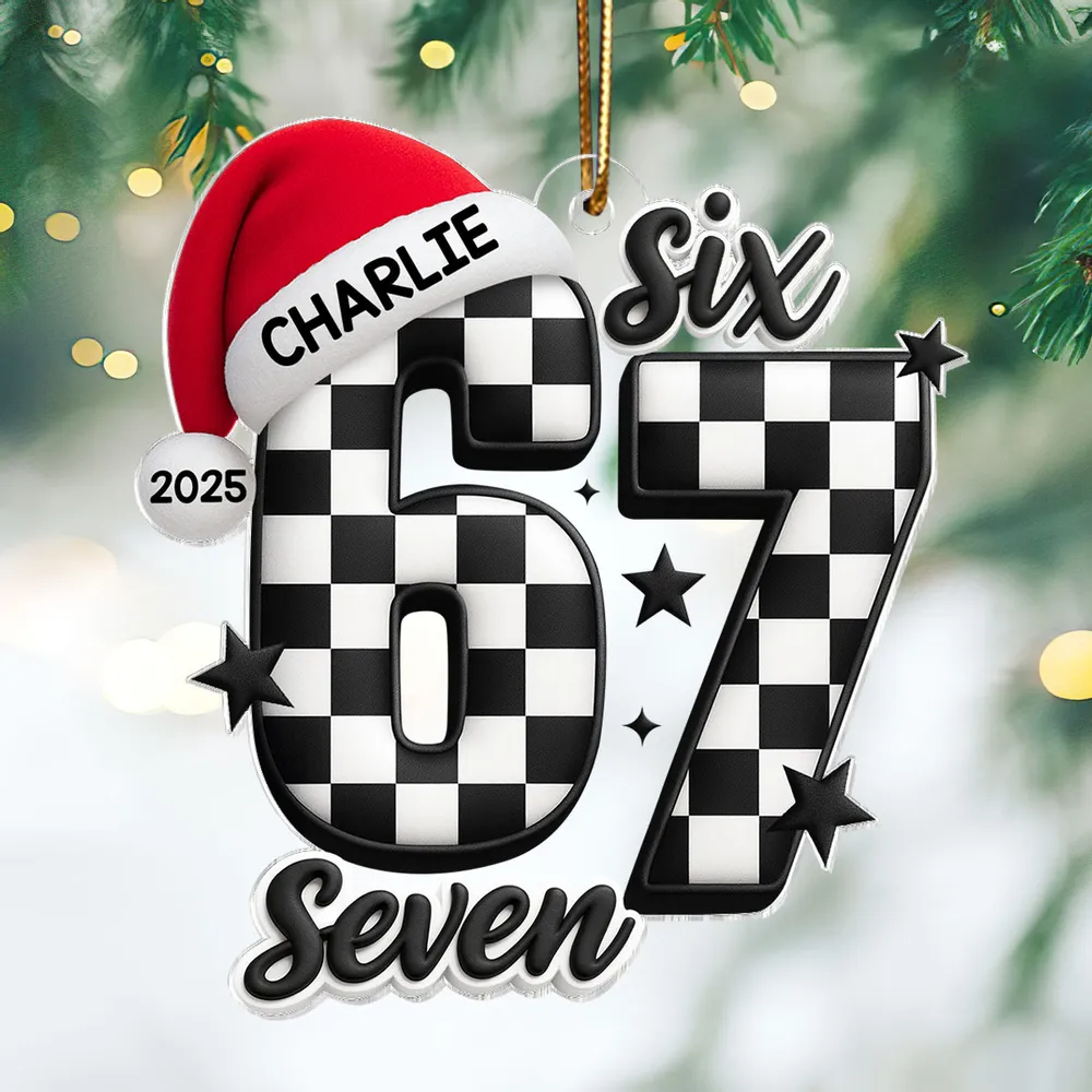 Personalized Acrylic Ornament with Checkered 67 and Santa Hat – Custom Kids Christmas Decor and Unique Holiday Gift - Image 5