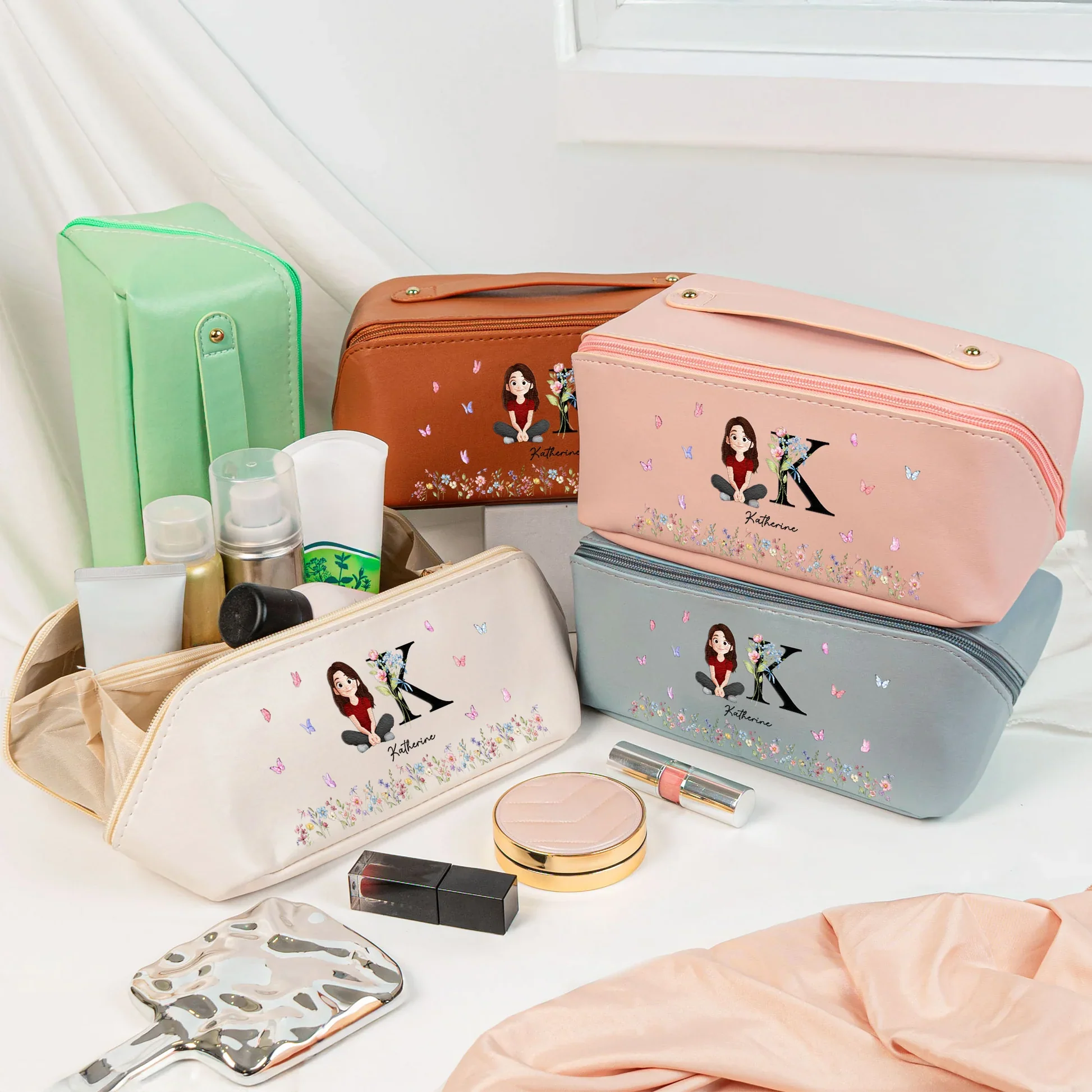 Personalized Leather Makeup Bag with Initial & Cartoon Girl, Spacious Travel Makeup Organizer, Cute Unique Gift for Her - Image 2