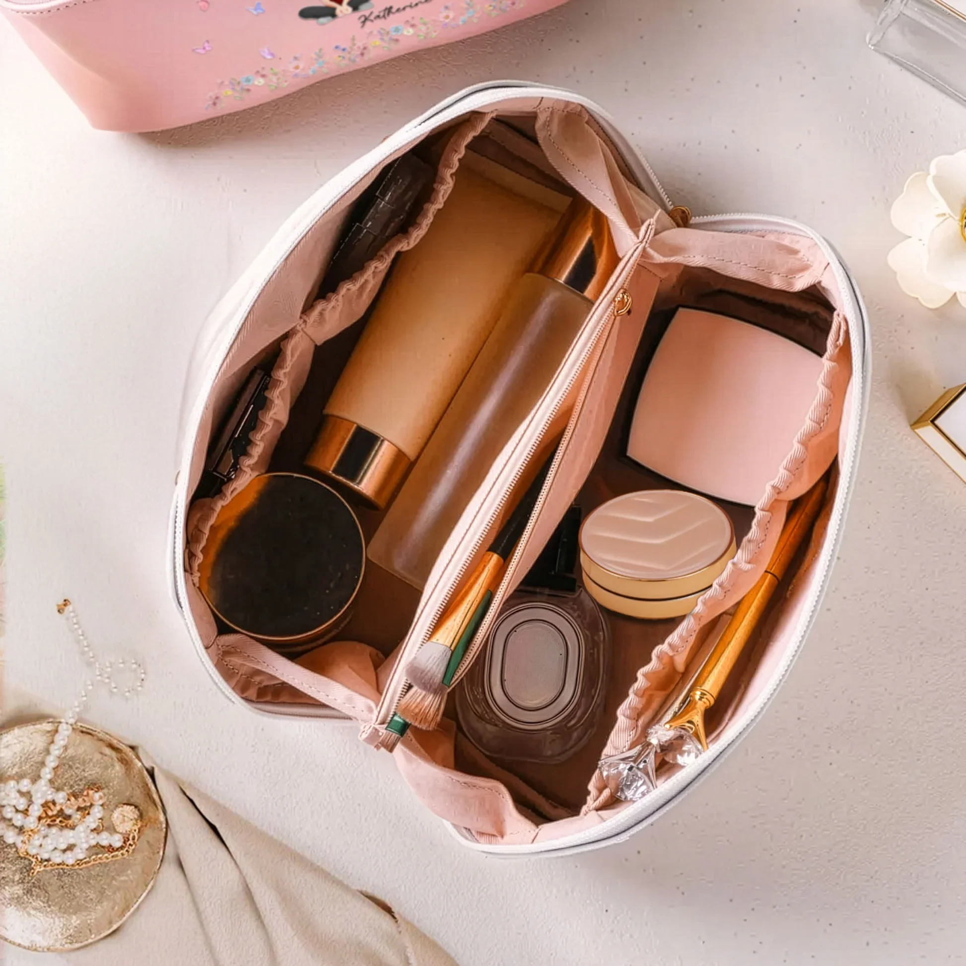 Personalized Leather Makeup Bag with Initial & Cartoon Girl, Spacious Travel Makeup Organizer, Cute Unique Gift for Her - Image 3