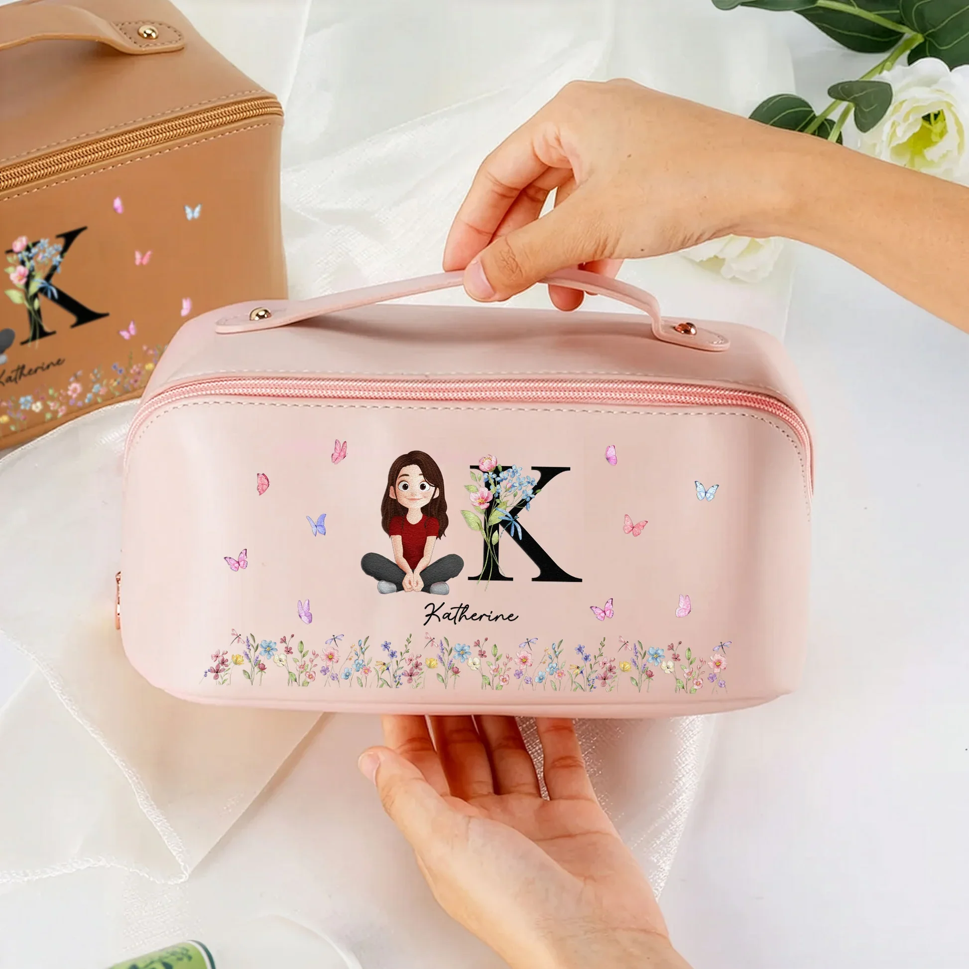 Personalized Leather Makeup Bag with Initial & Cartoon Girl, Spacious Travel Makeup Organizer, Cute Unique Gift for Her - Image 5