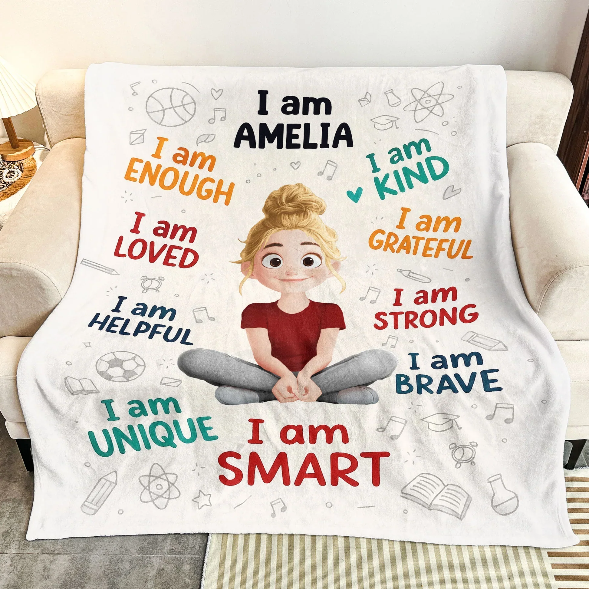 Personalized Fleece Blanket for Kids with I Am Affirmations, Cute Cartoon Girl, Confidence Boost, Unique Creative Gift for Daughters - Image 2