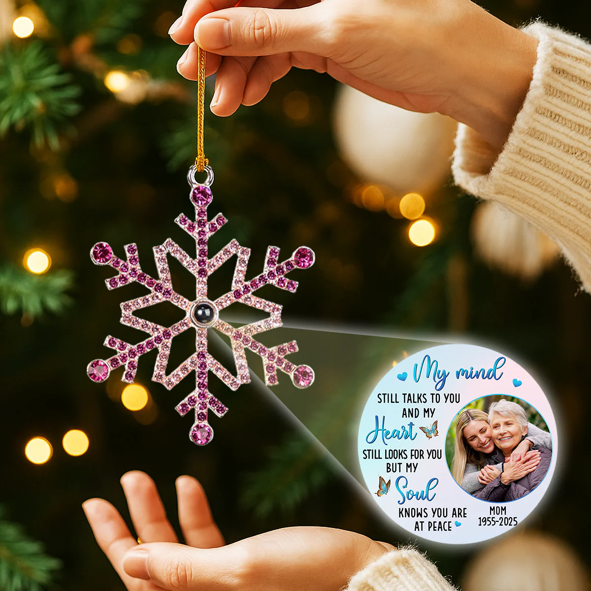 Personalized Photo Projection Ornament for Mom Remembrance – Snowflake Keepsake, Comforting Holiday Gift with Heartfelt Message - Image 3