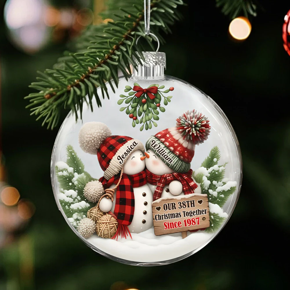 Personalized Acrylic Flat Ball Ornament for Couples β Cozy Snowman Design for Christmas Tree β Unique Romantic Gift to Celebrate Your Love - Image 2